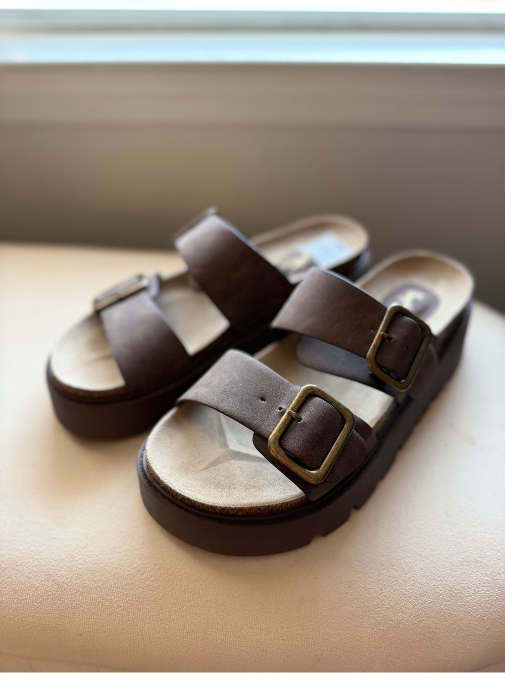 Brown Double-Buckle Platform Sandals
